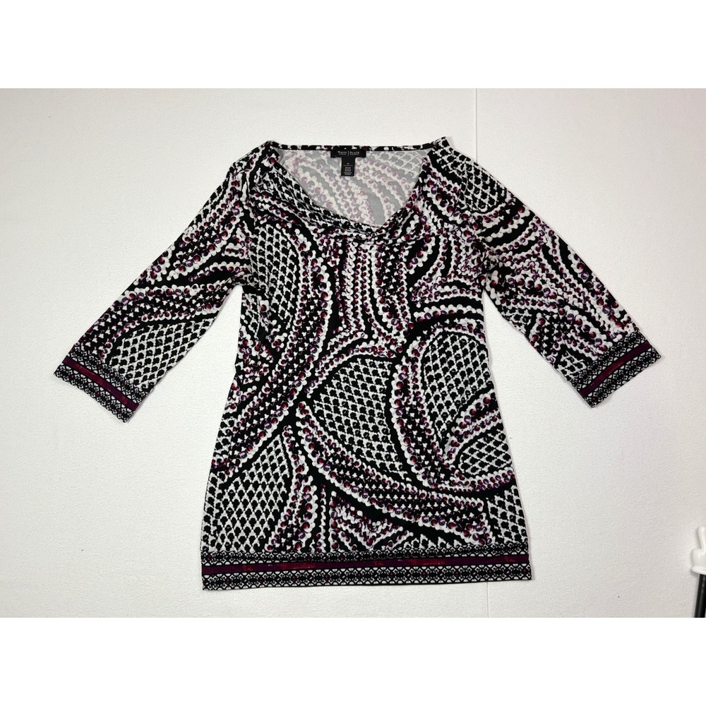 White House Black Market Cowl Neck Tunic Top Black White Purple Geometric M